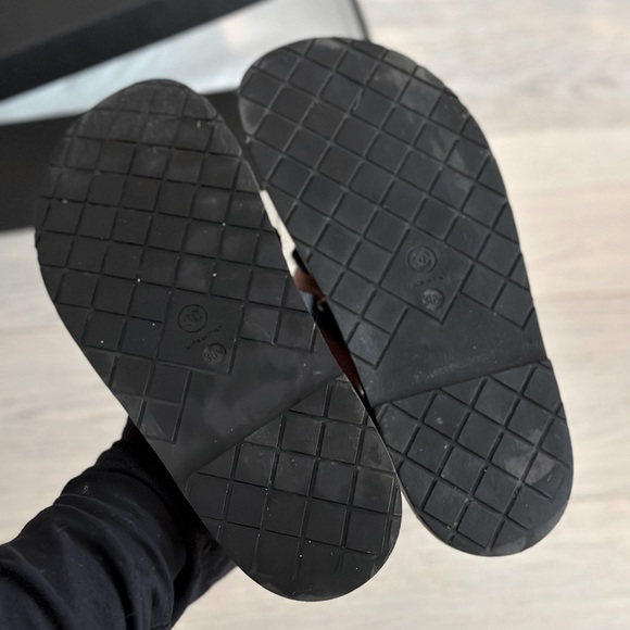 Chanel Black Satin and Goldtone Chain Flat Sandals - Picture 3 of 4